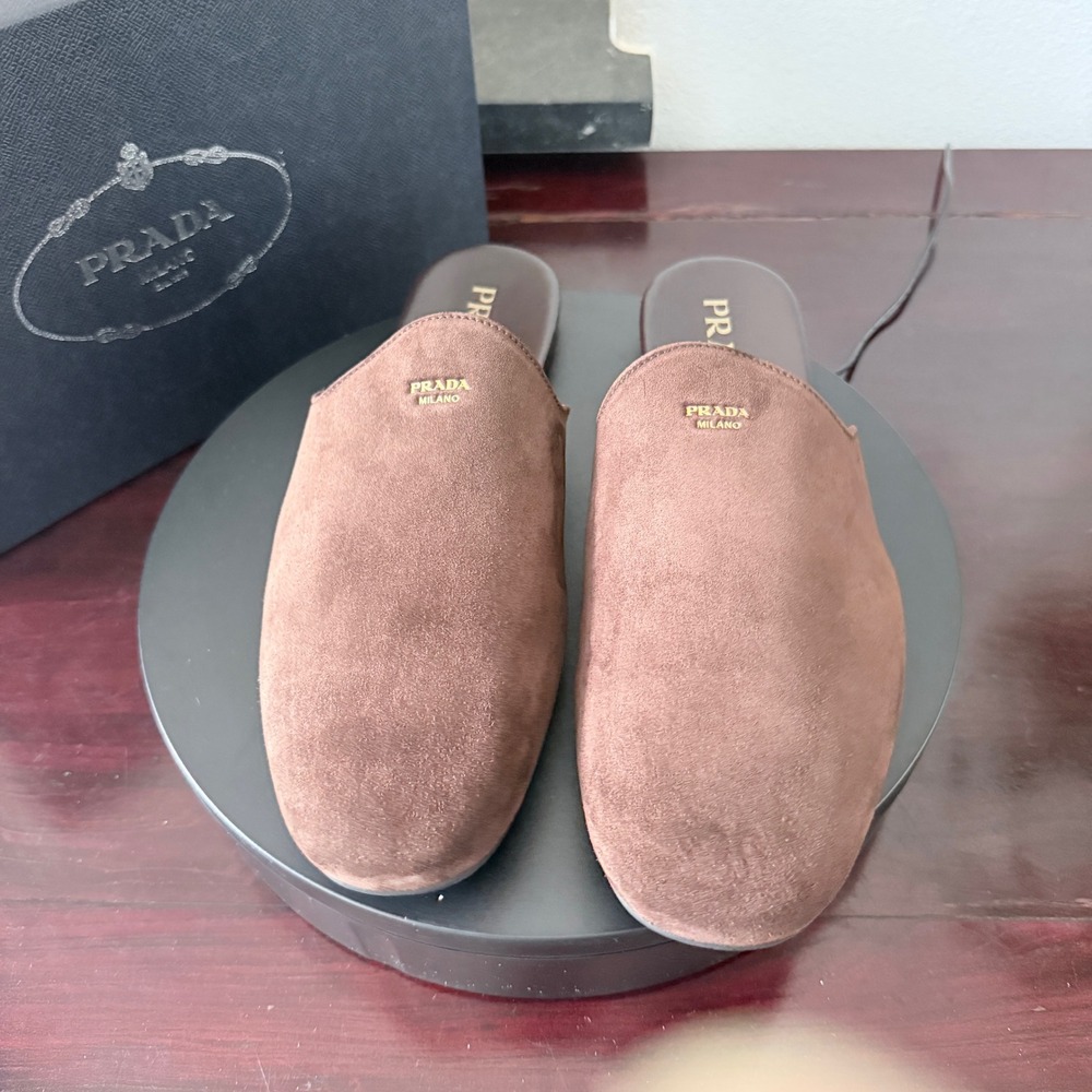 Prada 2S2986 Brown Suede Mules Gold Logo Slip On Loafers Mens Shoes 9.5 - Picture 4 of 11